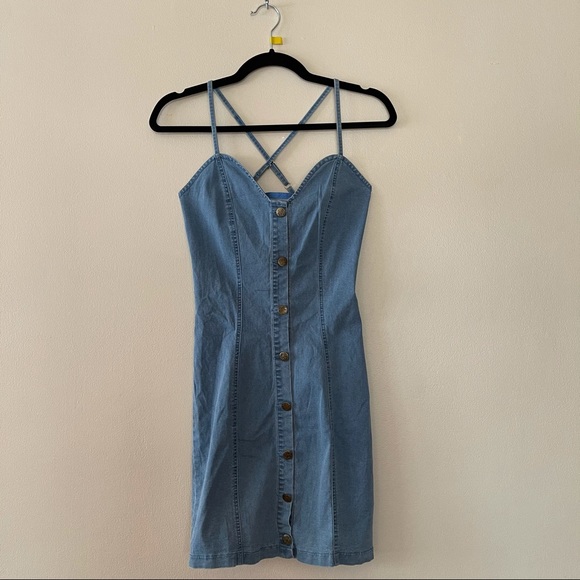 Denim Button Up Adjustable Spaghetti Straps Dress - Picture 2 of 8